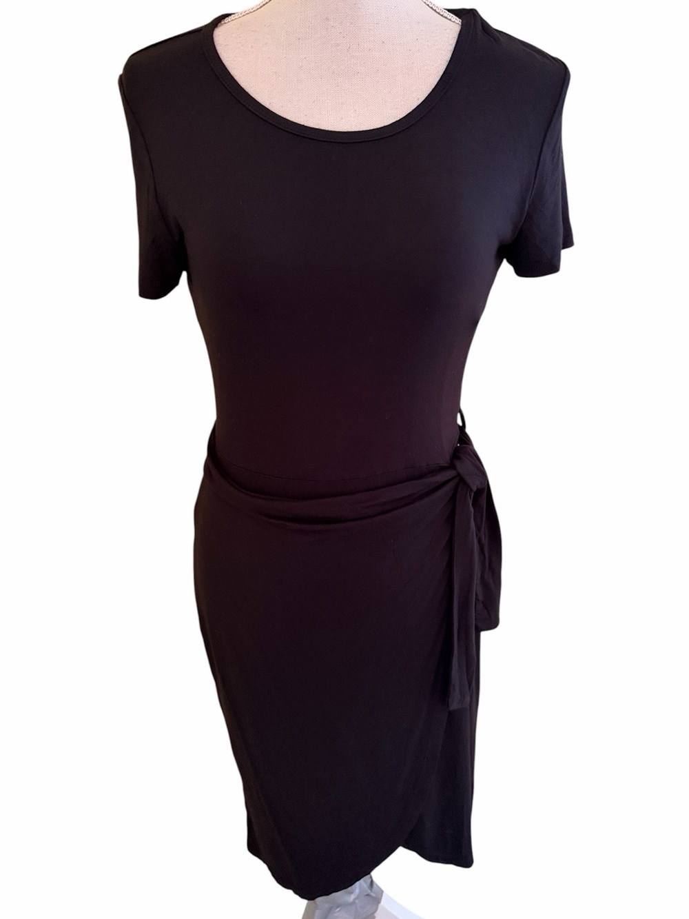 Calvin Klein Black Knit  Short-Sleeve Faux Wrap Tie Midi Dress 4